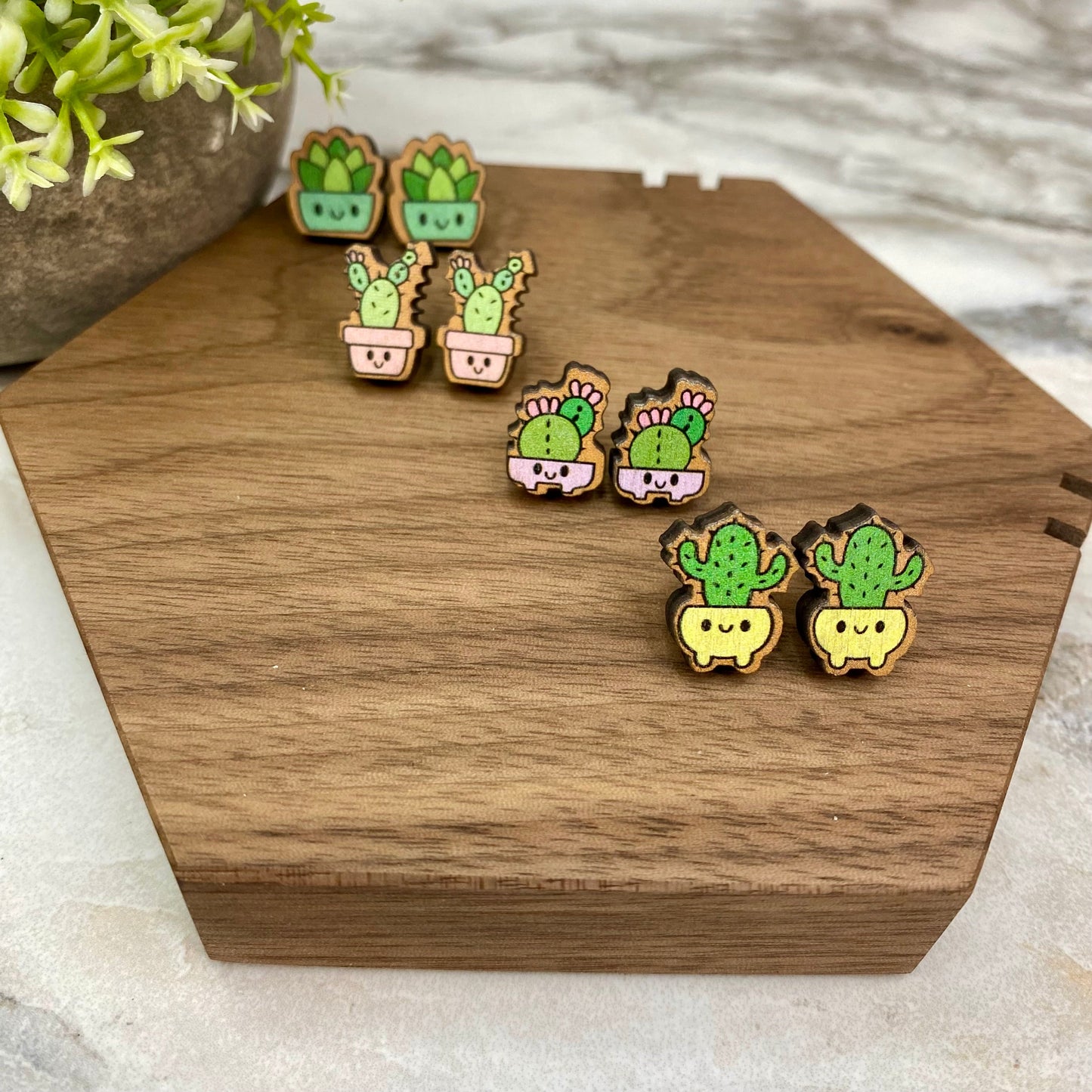 Wooden Stud Earrings - Cactus/Succulent