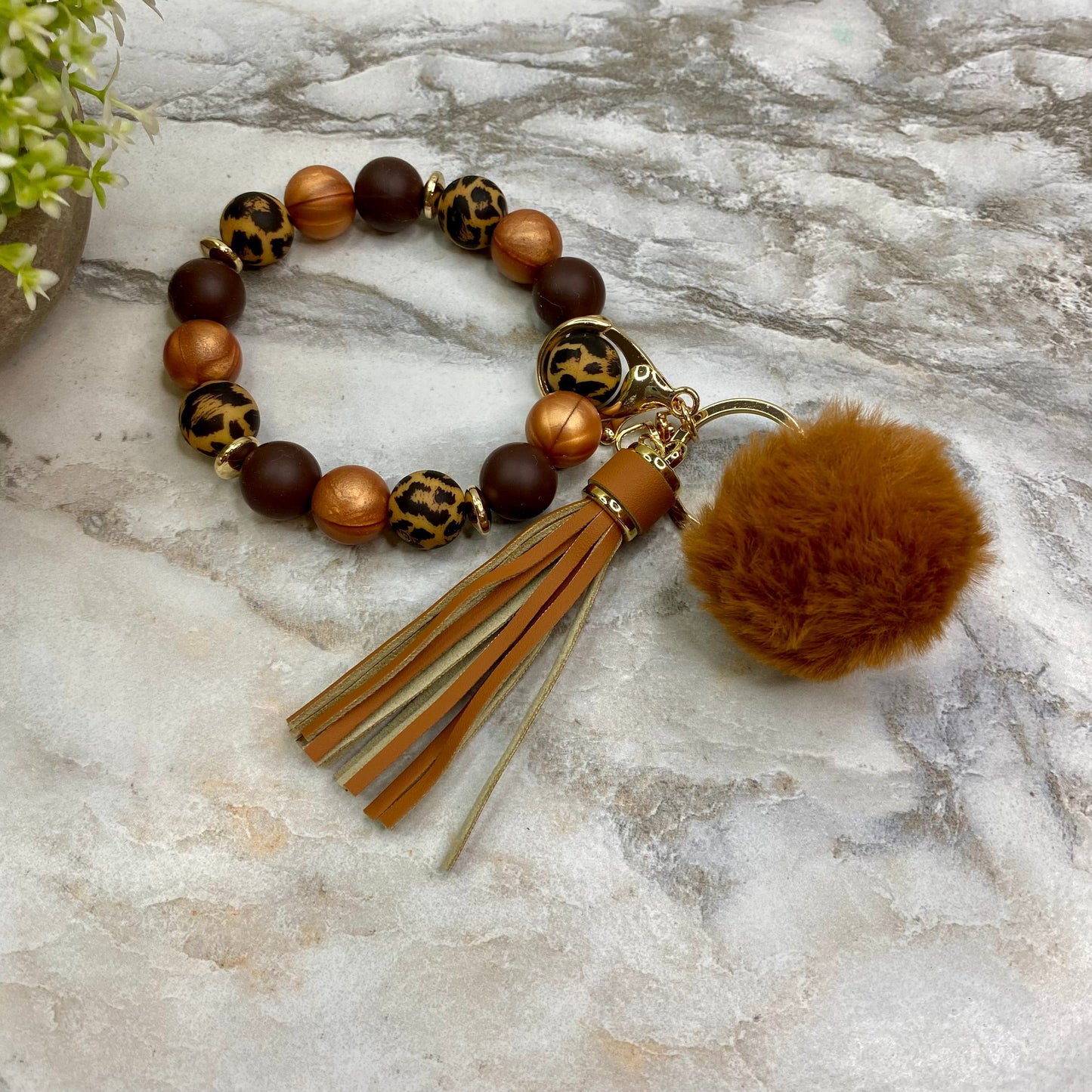 Silicone Bracelet Keychain - Tassel & Pom Pom- Brown & Animal Print