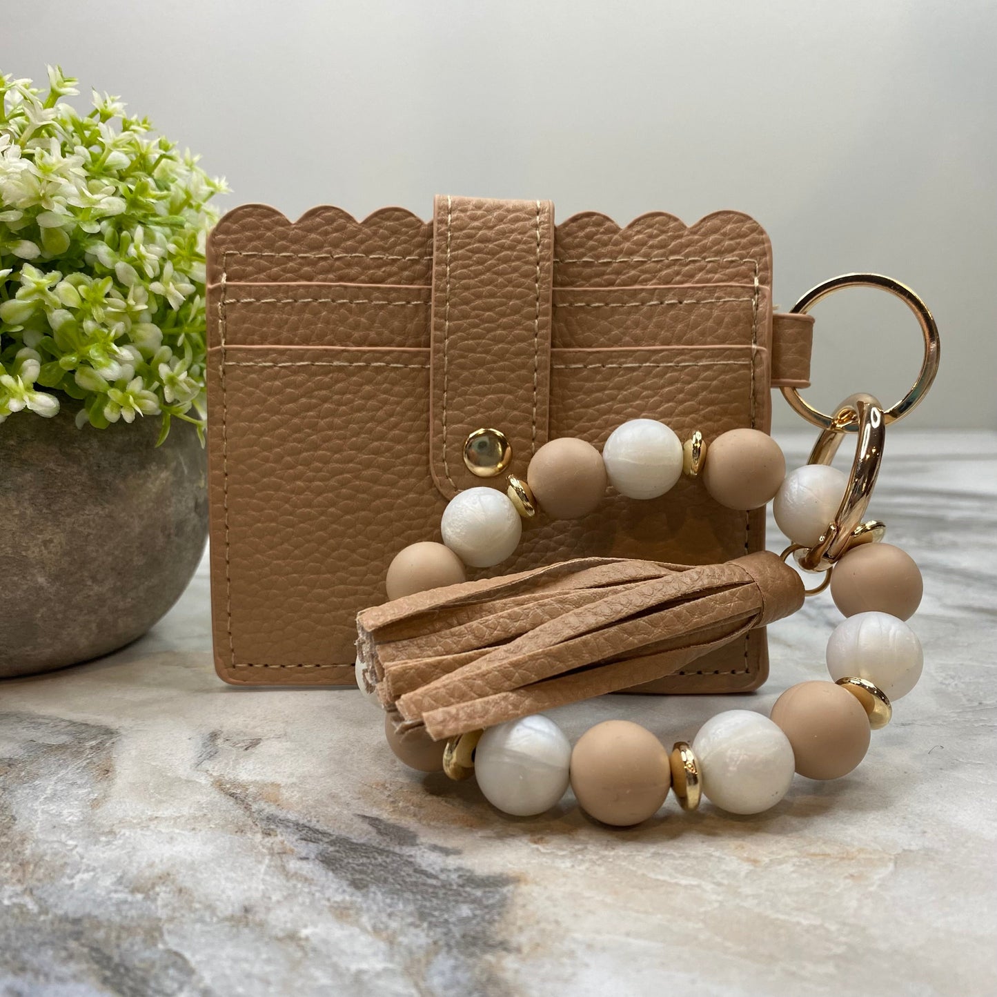 Silicone Bracelet Keychain with Scalloped Card Holder - Beige