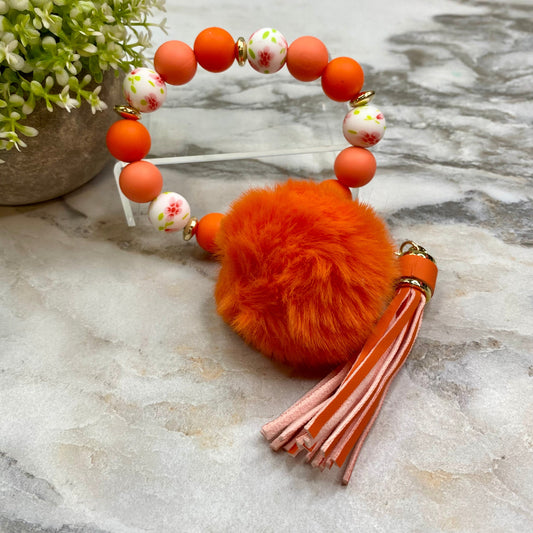 Silicone Bracelet Keychain - Tassel & Pom Pom- Orange & Floral