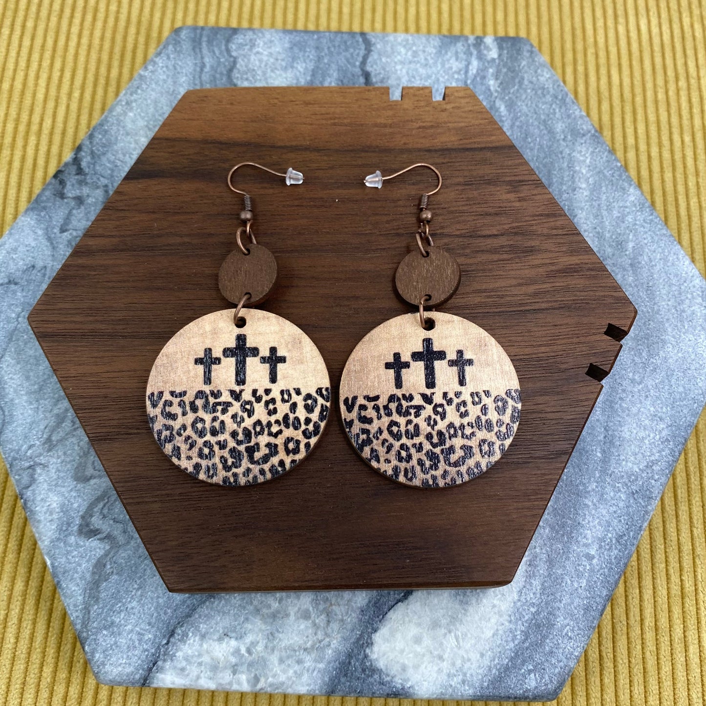 Wooden Dangle Earrings - Animal Print Cross