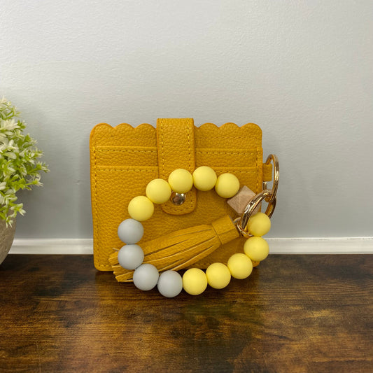 Silicone Bracelet Keychain with Scalloped Card Holder - Yellow Mustard