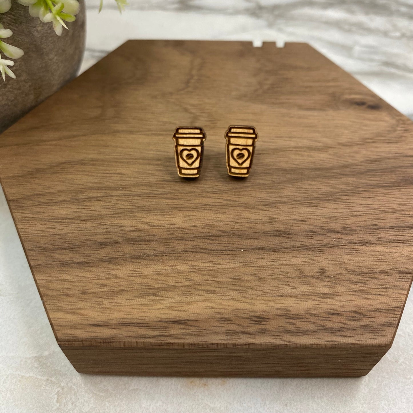 Wooden Stud Earrings - Coffee Cup Heart Bean