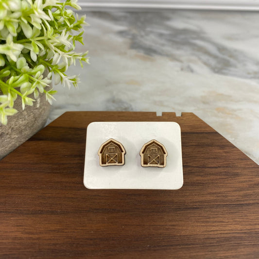 Wooden Stud Earrings - Barn