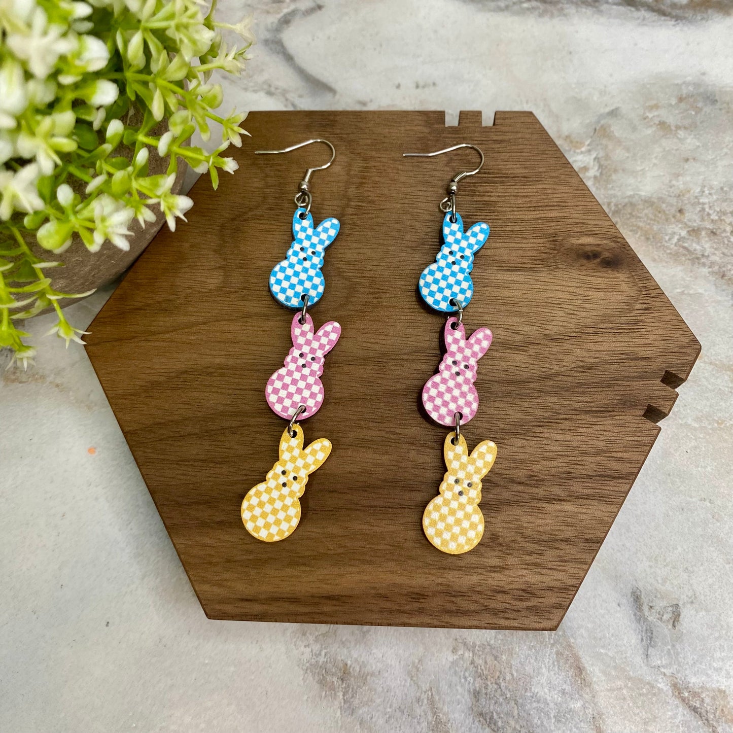 Dangle Earring - Wood - Checkered Bunnies