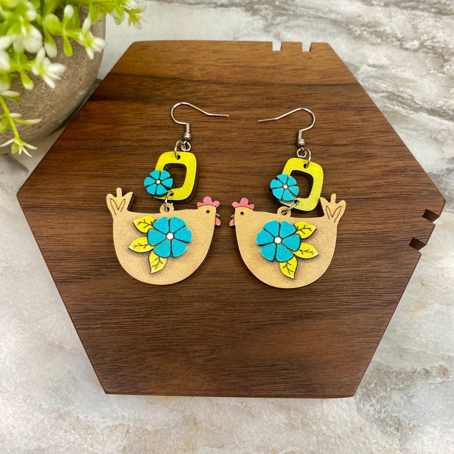 Wooden Dangle Earrings - Chicken - #6