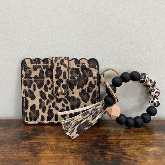 Silicone Bracelet Keychain with Scalloped Card Holder - Canvas Animal Print