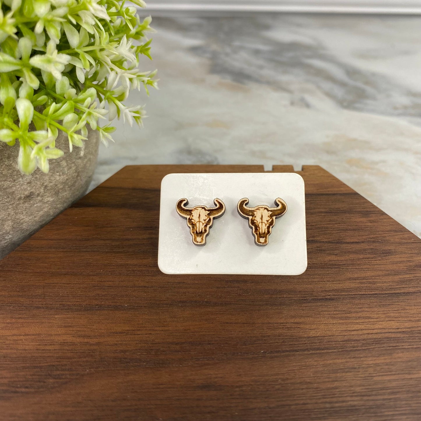 Wooden Stud Earrings - Bull Skull