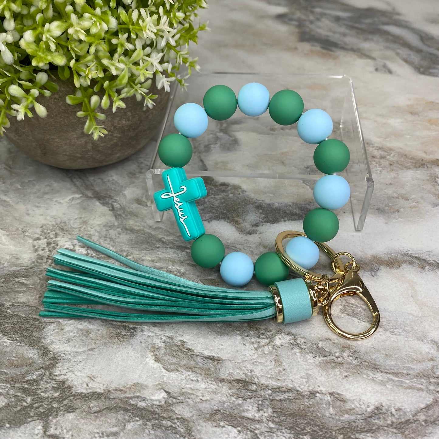 Silicone Bracelet Keychain - Jesus, Green & Sky Blue