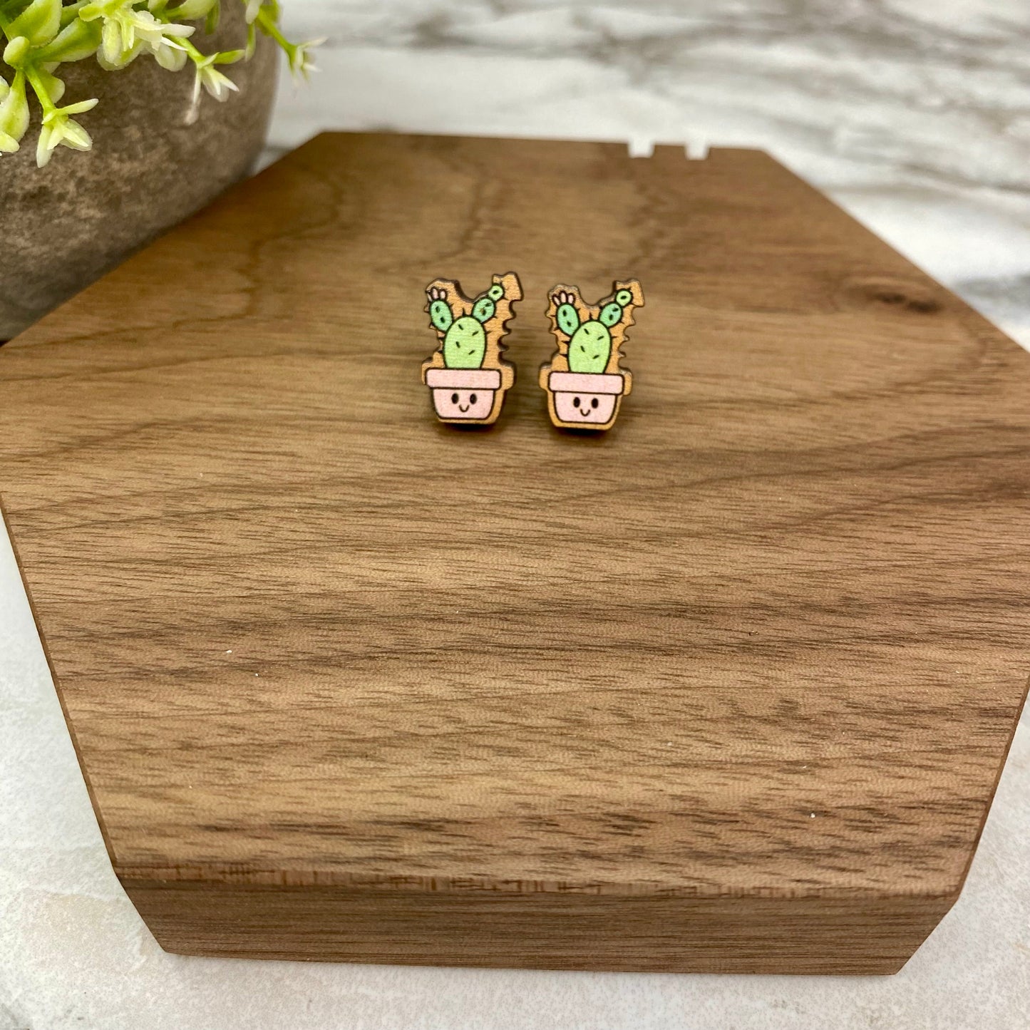 Wooden Stud Earrings - Cactus/Succulent