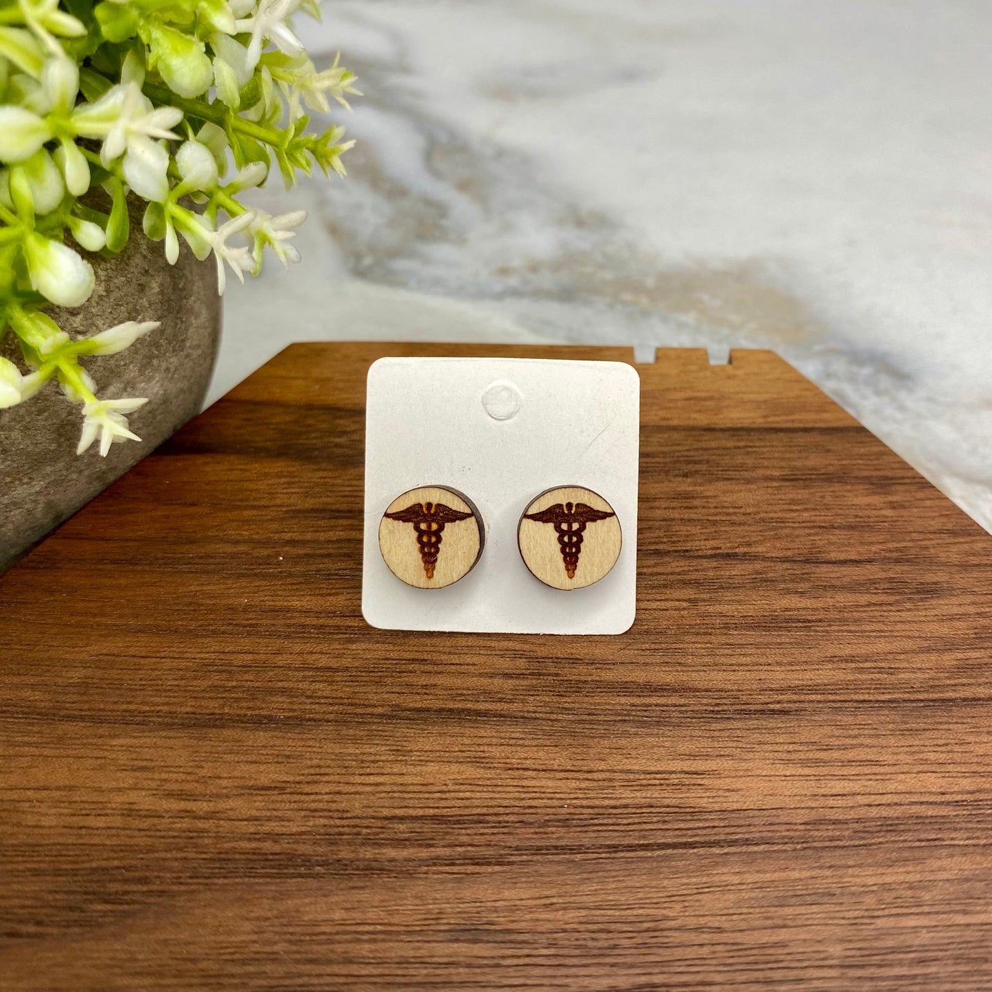 Wooden Stud Earrings - Medical Symbol