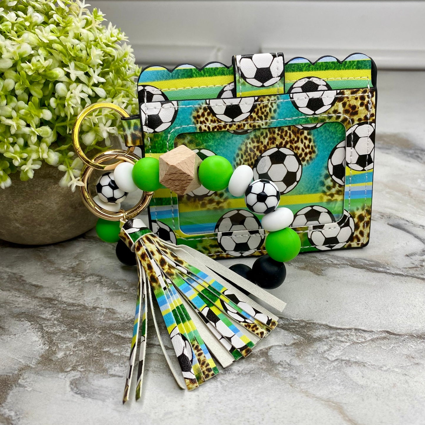 Silicone Bracelet Keychain with Scalloped Card Holder - Soccer