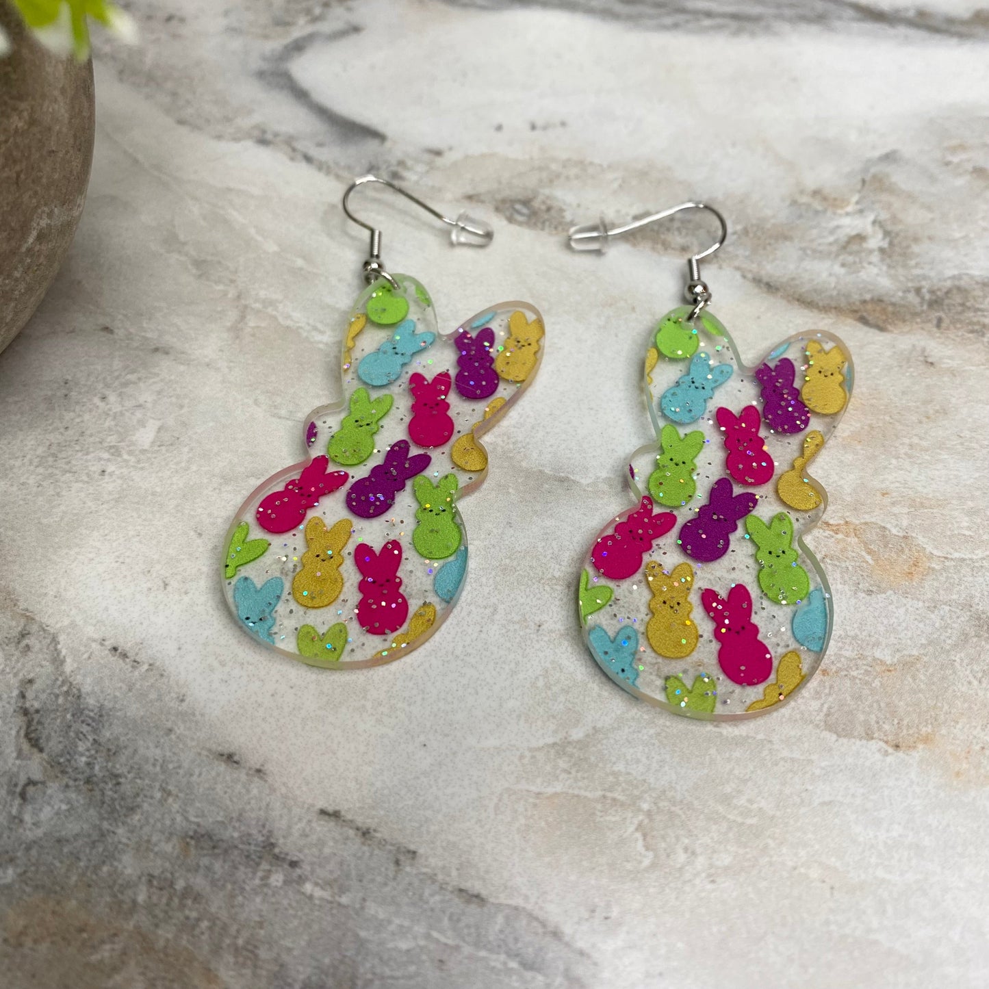 Dangle Earring - Easter Acrylic - Clear Sparkle Bunnies