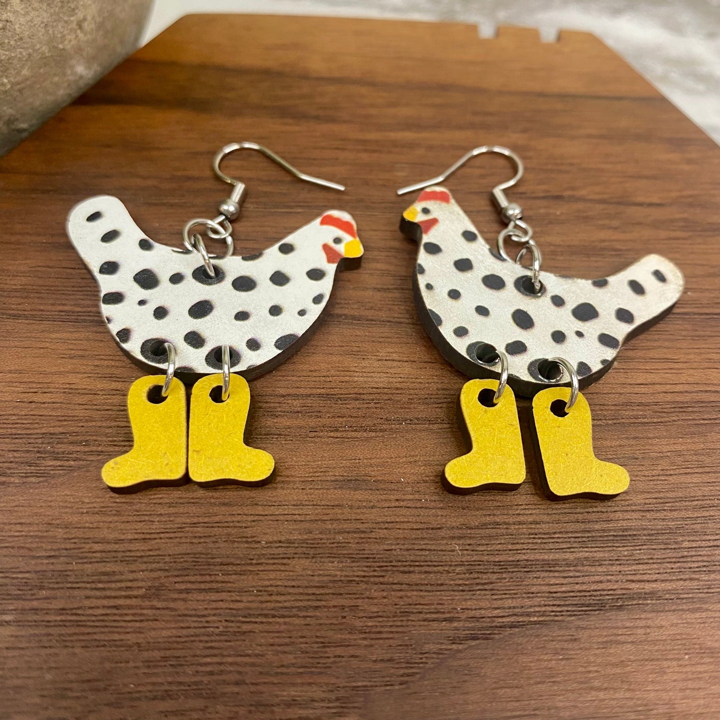 Wooden Dangle Earrings - Chicken - #4