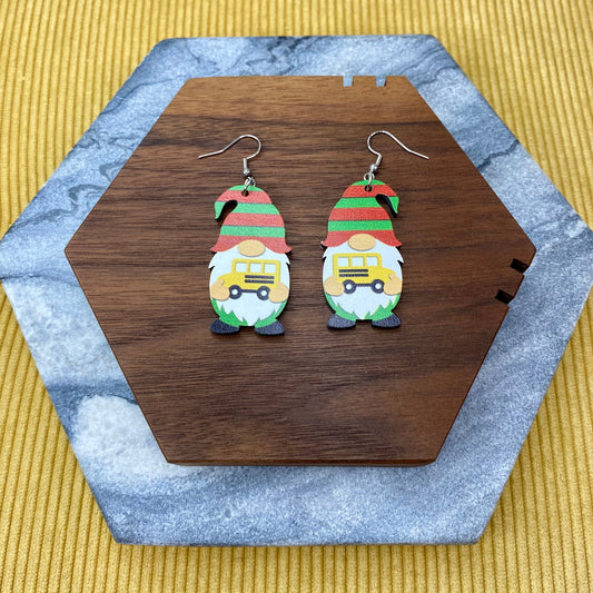 Wooden Dangle Earrings - Teacher Gnome Bus