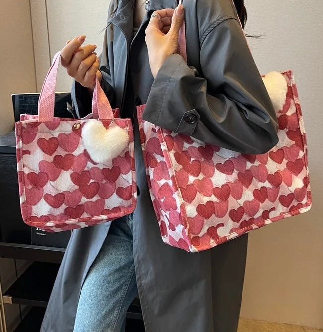 Heart Tote Bag - Dark Pink + White